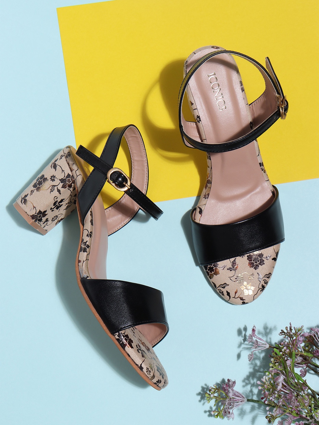 

ICONICS Women Black Printed Block Sandals with Buckles Heels