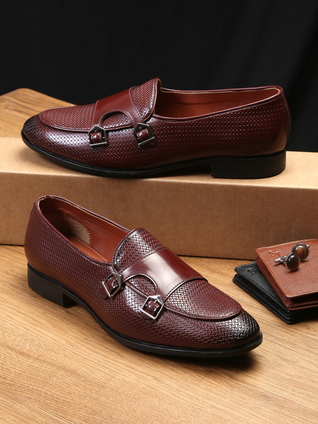 

MUTAQINOTI Men Maroon Textured Patent Leather Formal Monk Shoes