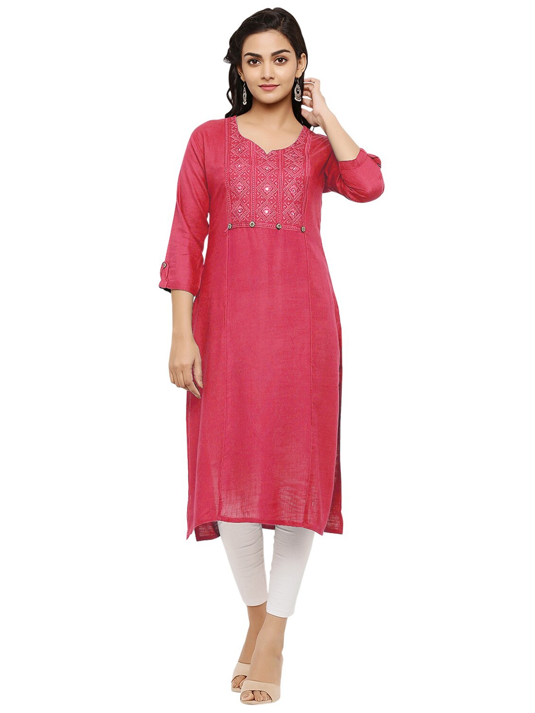 

FIDOZA Peach-Coloured Embroidered Mirror Work Straight Kurti