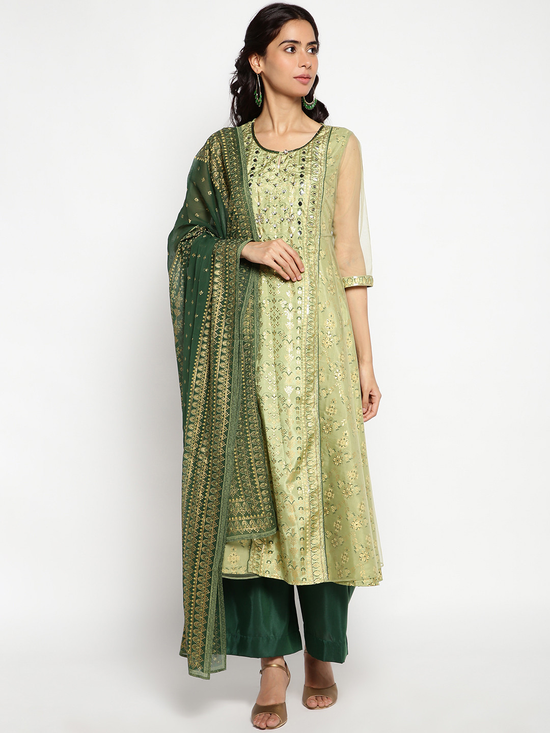 

AURELIA Women Green Floral Printed Mirror Work Kurta with Palazzos & With Dupatta