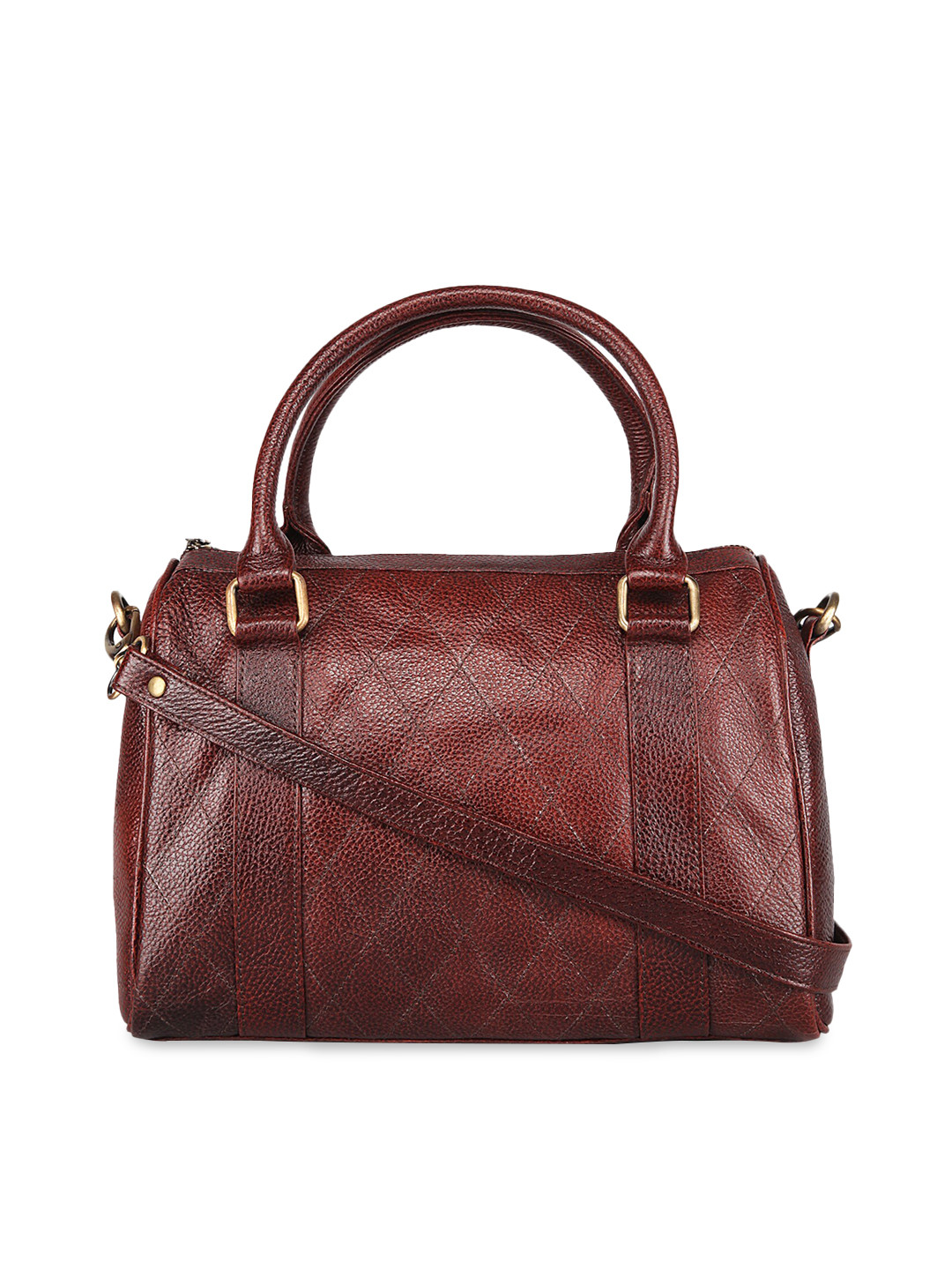 

GENWAYNE Brown Leather Bowling Handheld Bag with Quilted