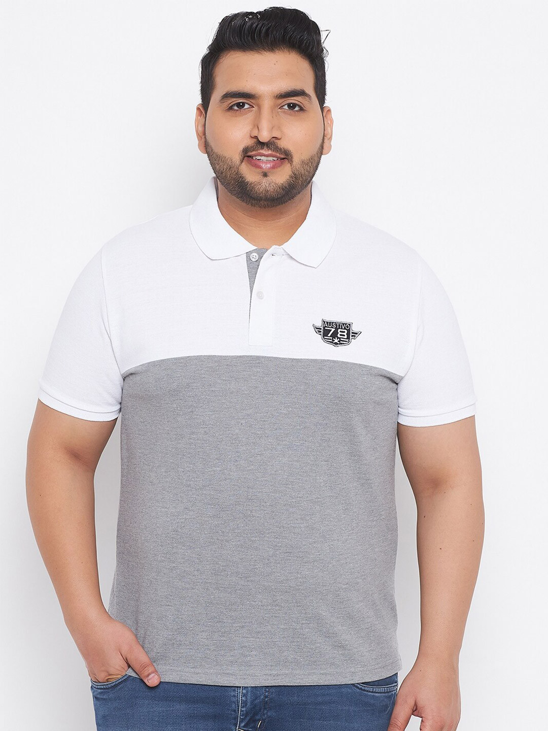 

AUSTIVO Plus Size Men Grey Melange & White Polo Collar T-shirt