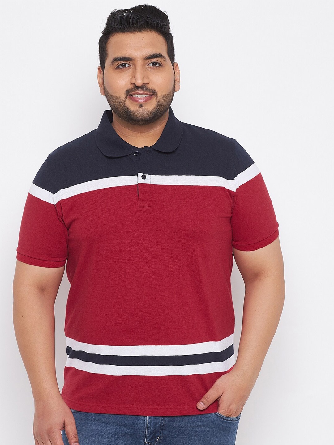 

AUSTIVO Plus Size Men Maroon & Black Striped Polo Collar T-shirt