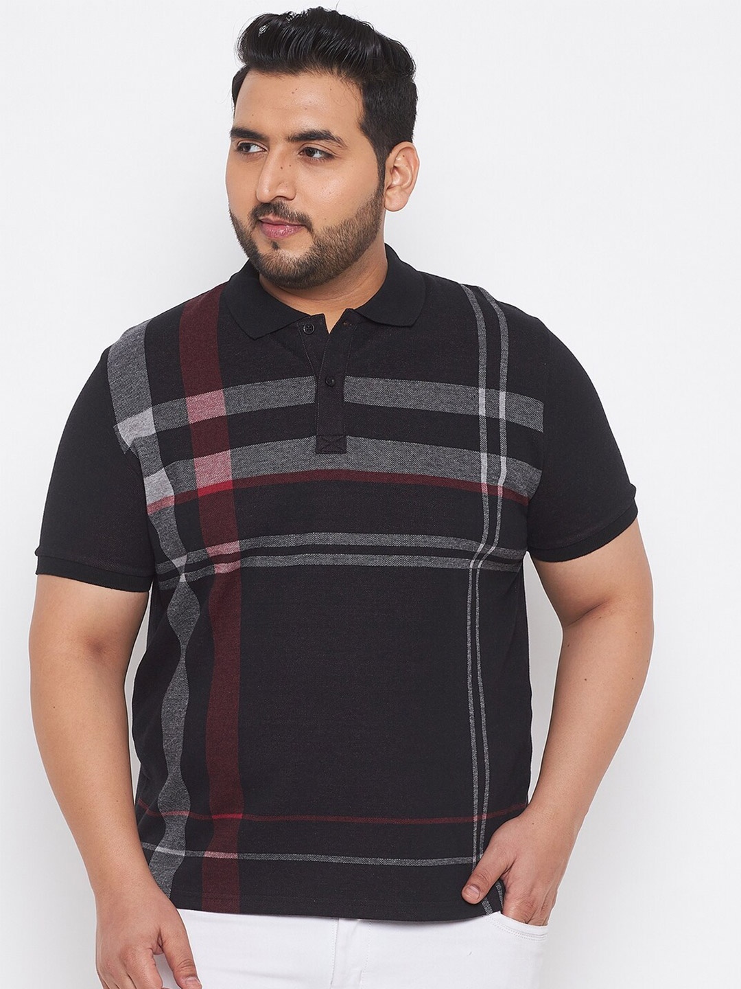 

AUSTIVO Plus Size Men Black & Maroon Checked Polo Collar T-shirt