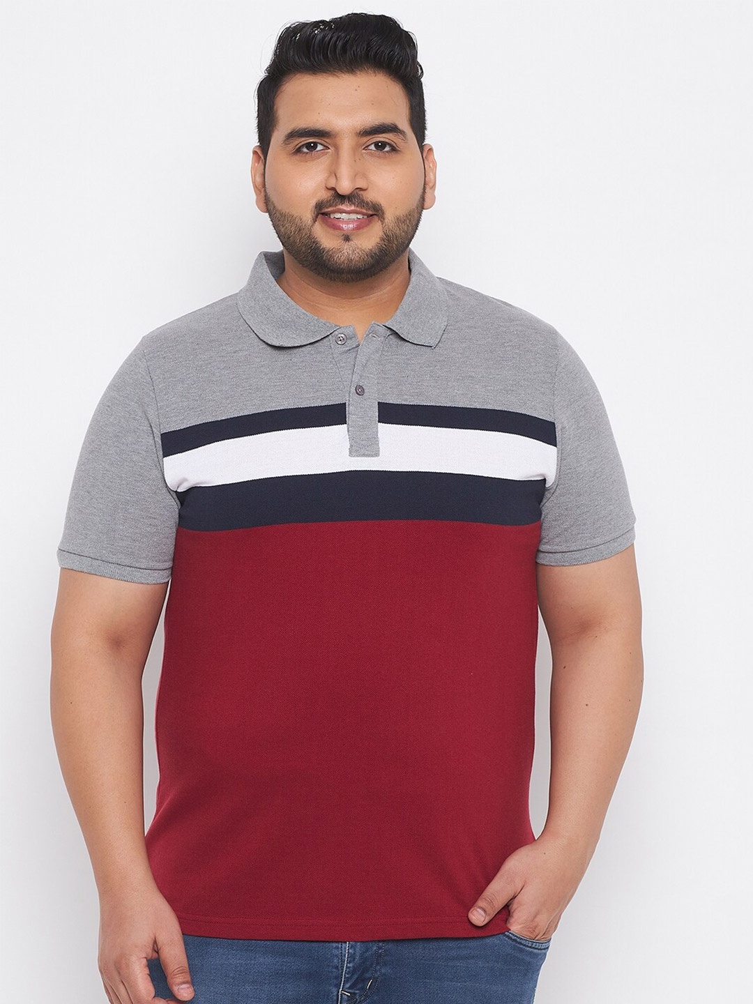 

AUSTIVO Plus Size Men Grey Melange & Maroon Colourblocked Polo Collar T-shirt