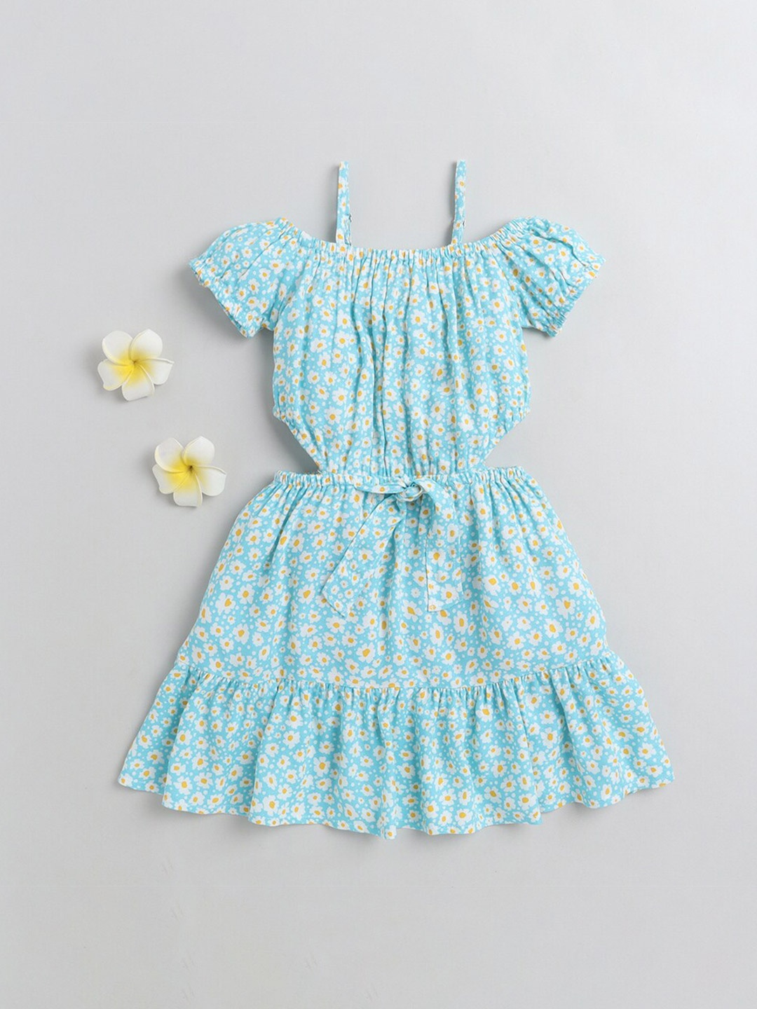 

taffykids Turquoise Blue off shoulder cut out and tie up detail floral printed dress