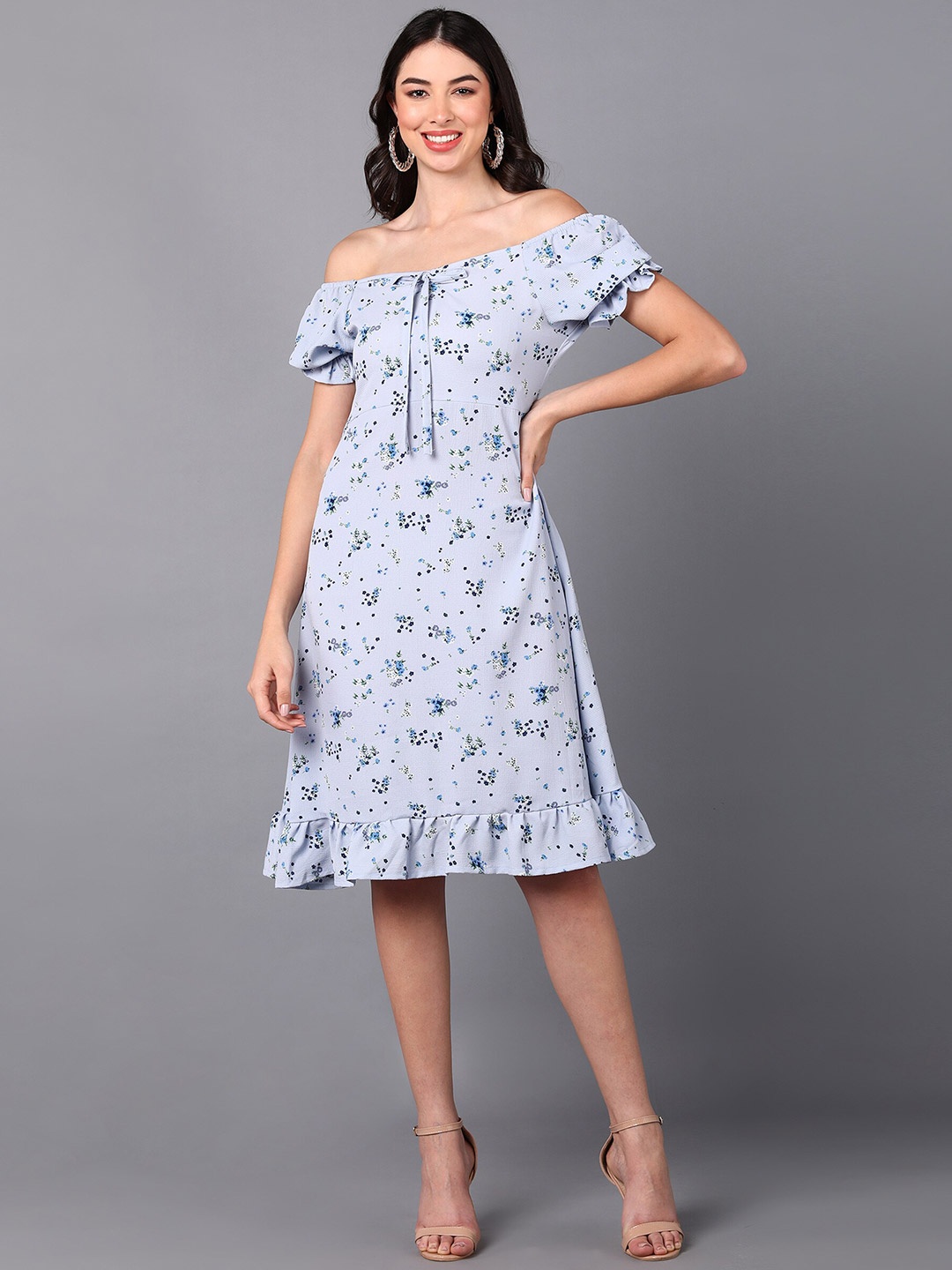 

Fashfun Women Blue Floral Off-Shoulder Crepe Dress