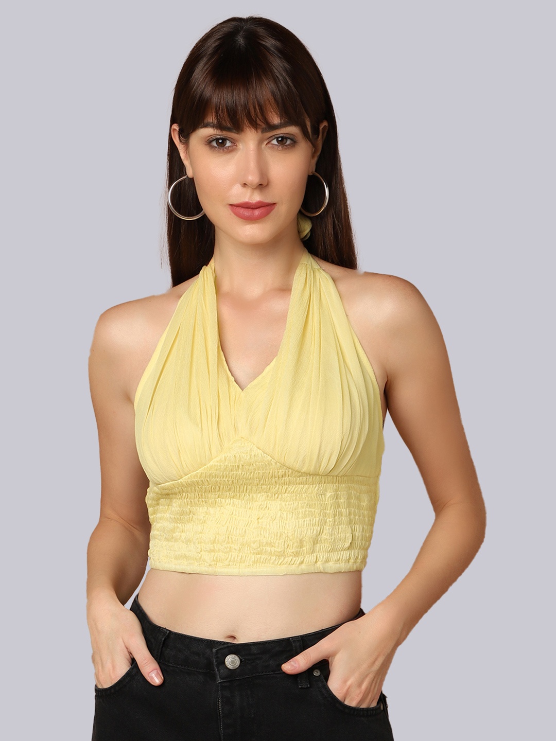 

SHABERRY Yellow Halter Neck Georgette Ruched Crop Top