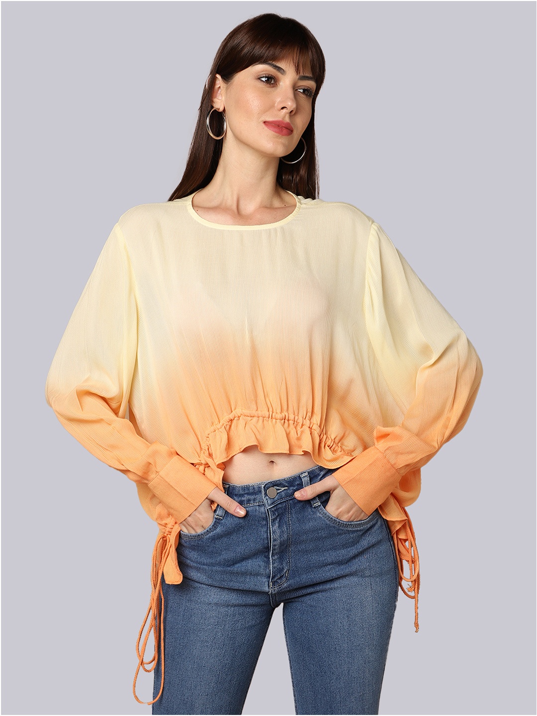 

SHABERRY Women Orange & Cream-Coloured Ombre Kaftan Top