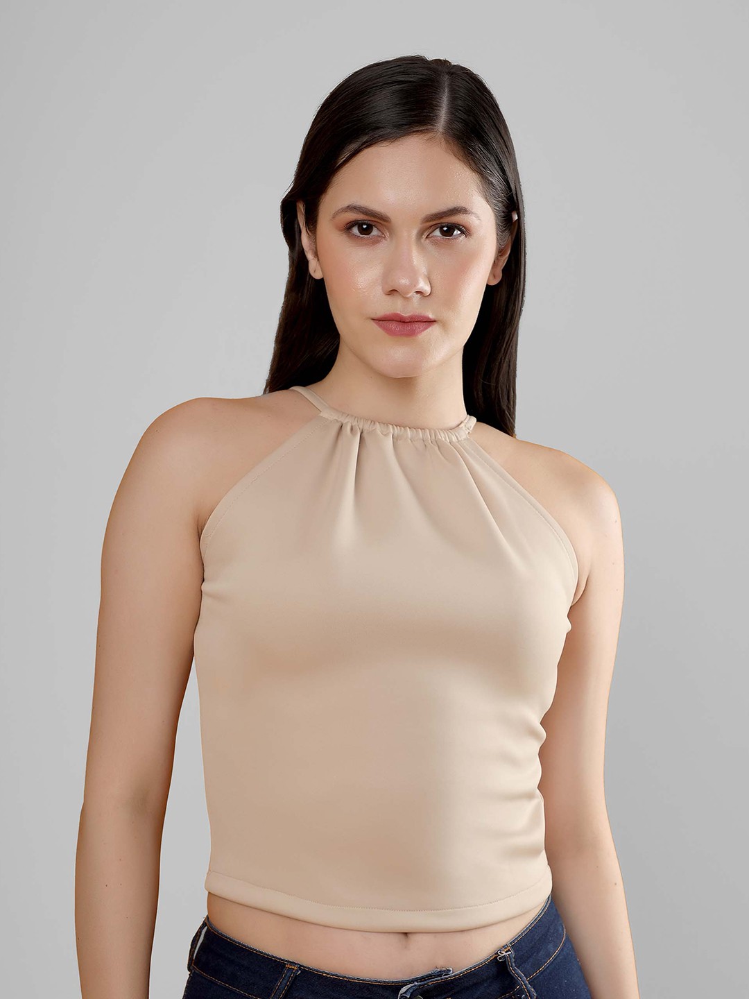 

SHABERRY Beige Halter Neck Scuba Crop Top