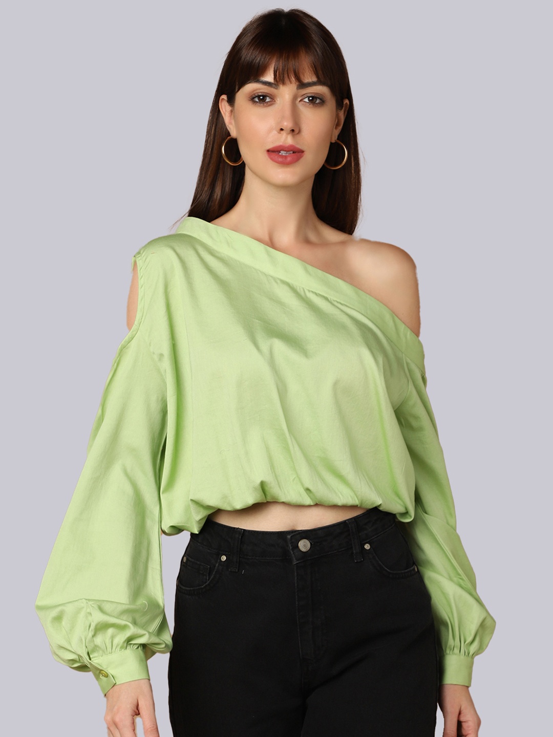 

SHABERRY Green One Shoulder Bishop Sleeves Blouson Crop Top