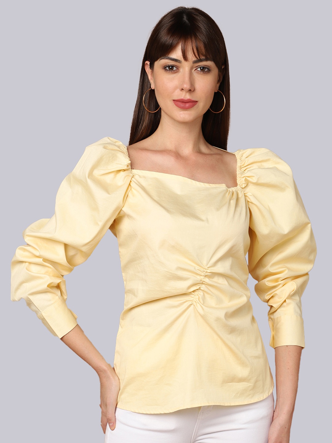 

SHABERRY Yellow Solid Pure Cotton Top