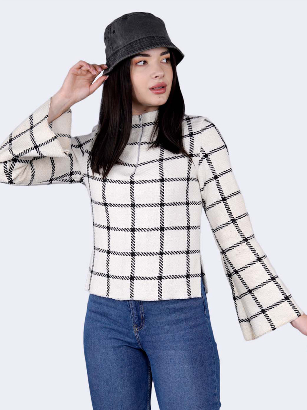 

SHABERRY White Checked Mandarin Collar Top