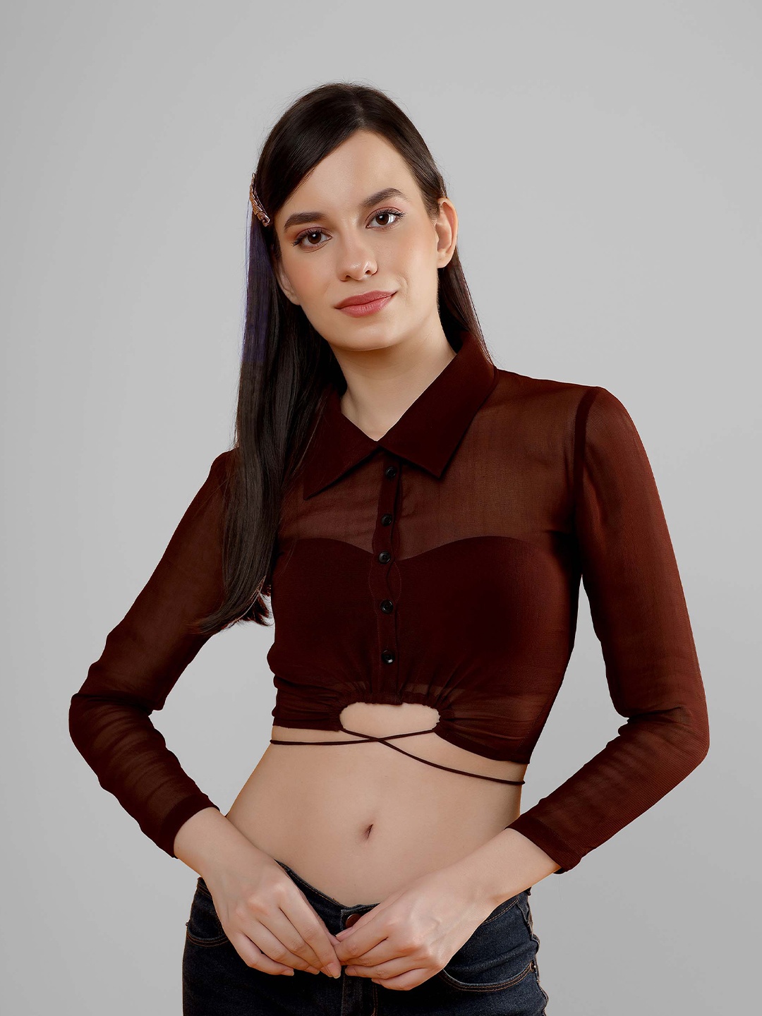 

SHABERRY Women Brown Georgette Tie Around Top