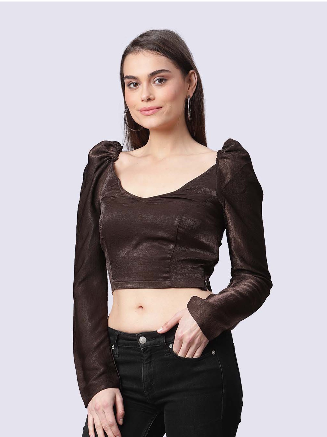 

SHABERRY Brown Embellished Satin Crop Top