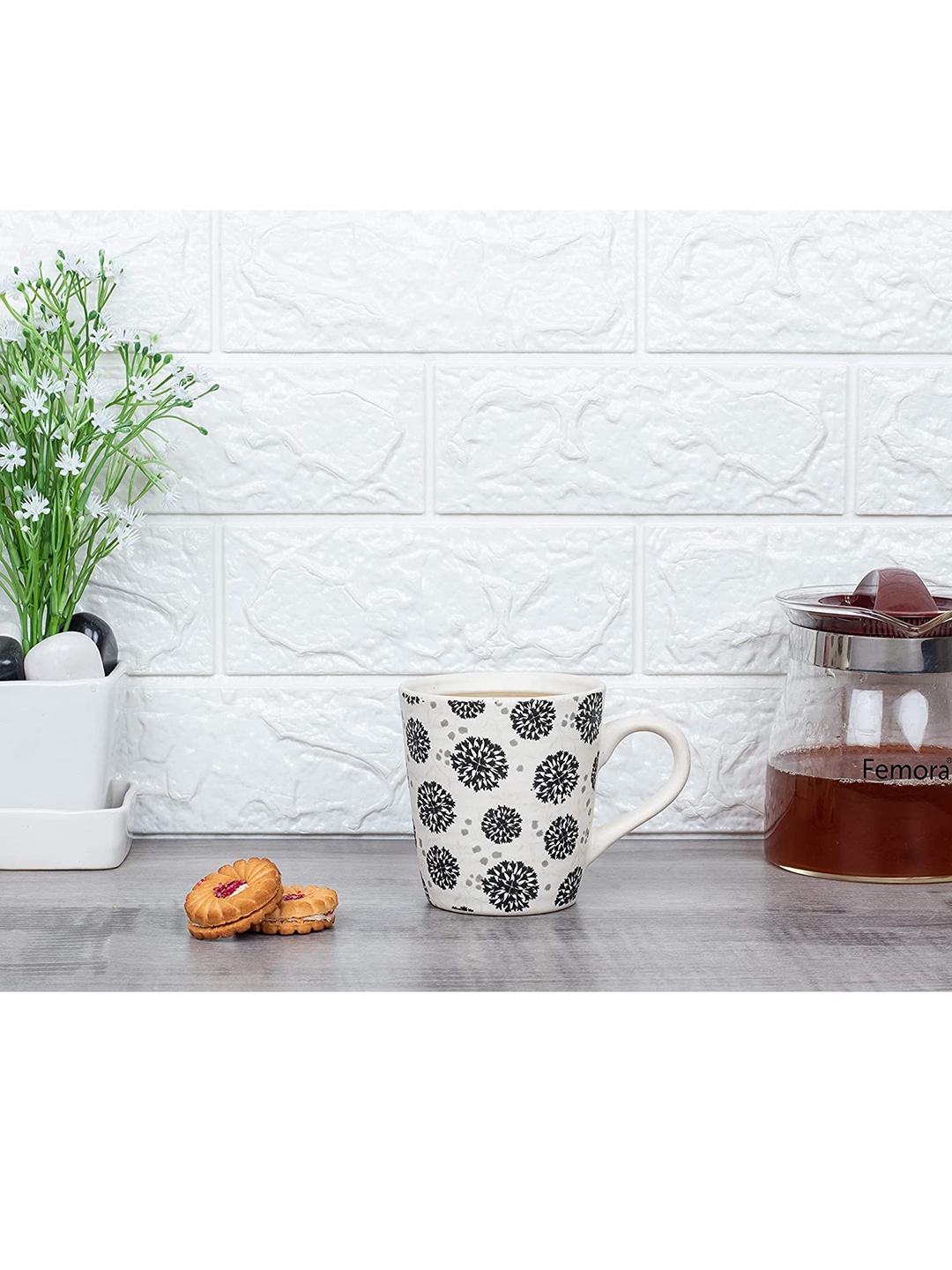 

Femora White & Black Floral Printed Stoneware Matte Mugs Set of 4 Cups and Mugs