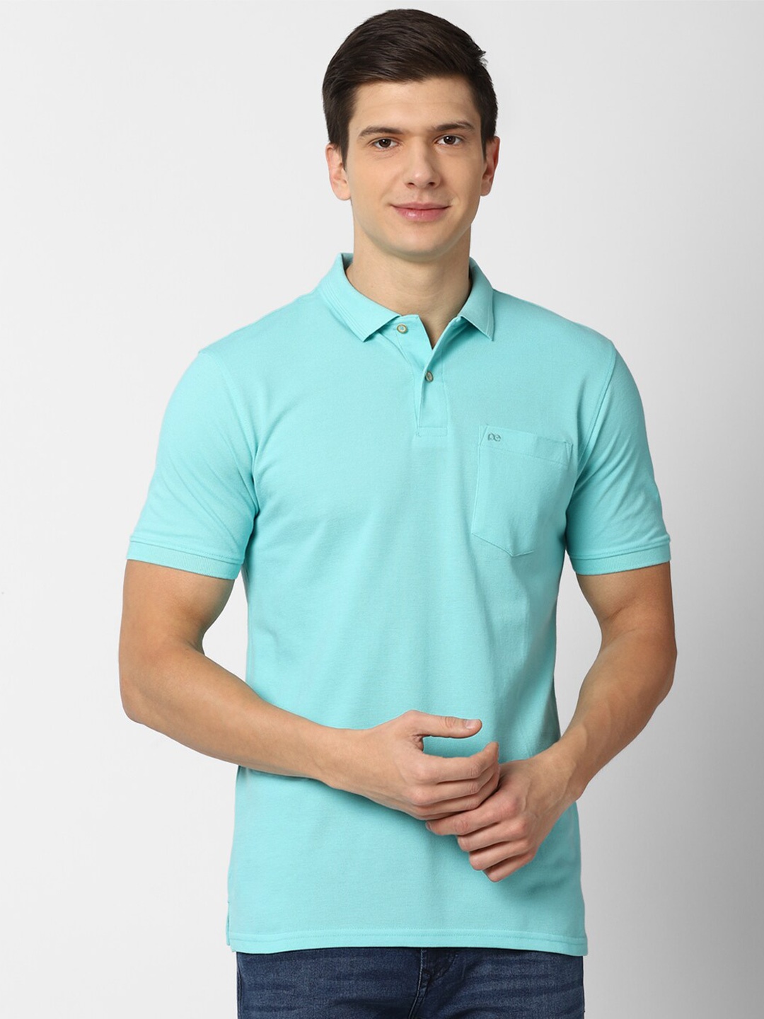 

Peter England Casuals Men Turquoise Blue Polo Collar T-shirt