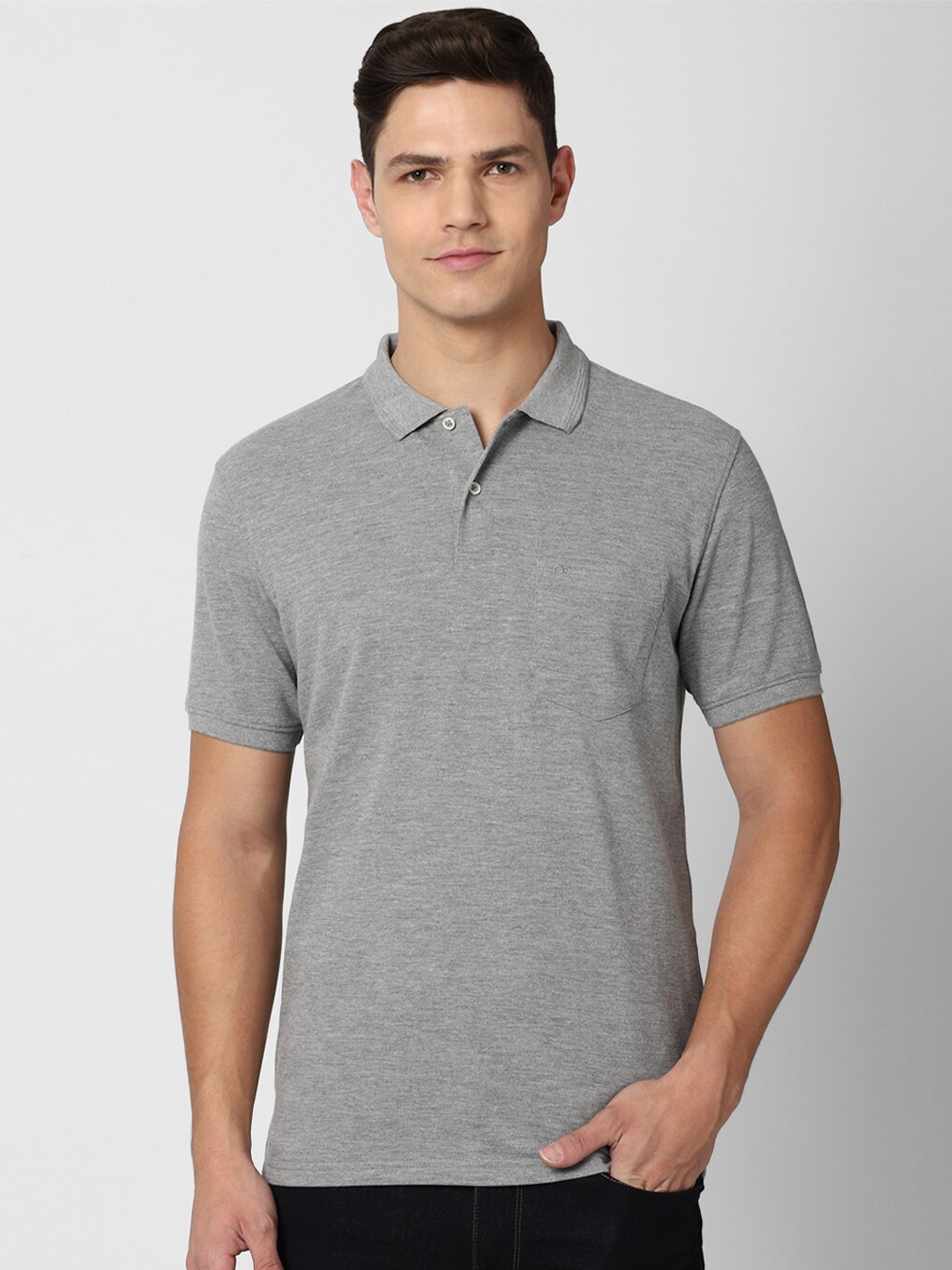 

Peter England Casuals Men Grey Striped Polo Collar T-shirt