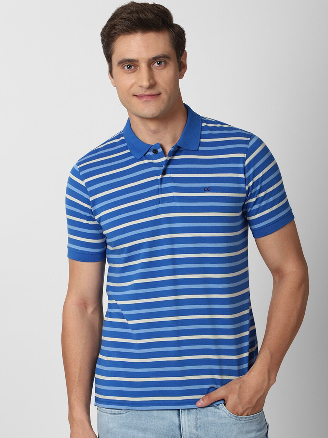 

Peter England Casuals Men Blue & White Striped Polo Collar Cotton T-shirt