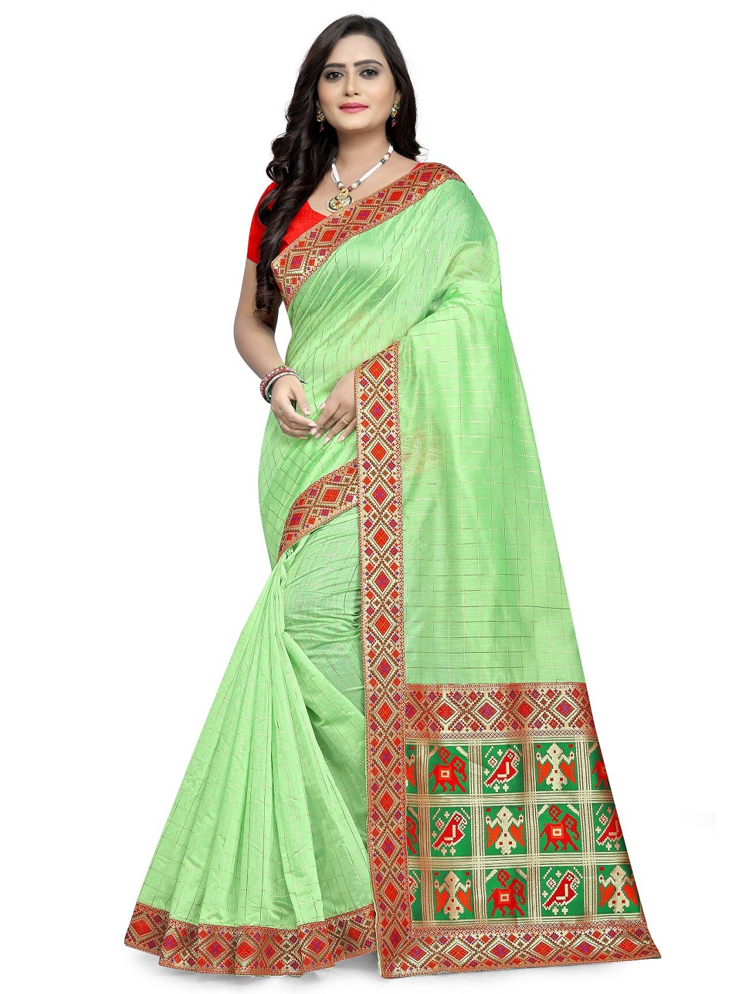 

KALINI Lime Green & Red Checked Silk Cotton Maheshwari Saree