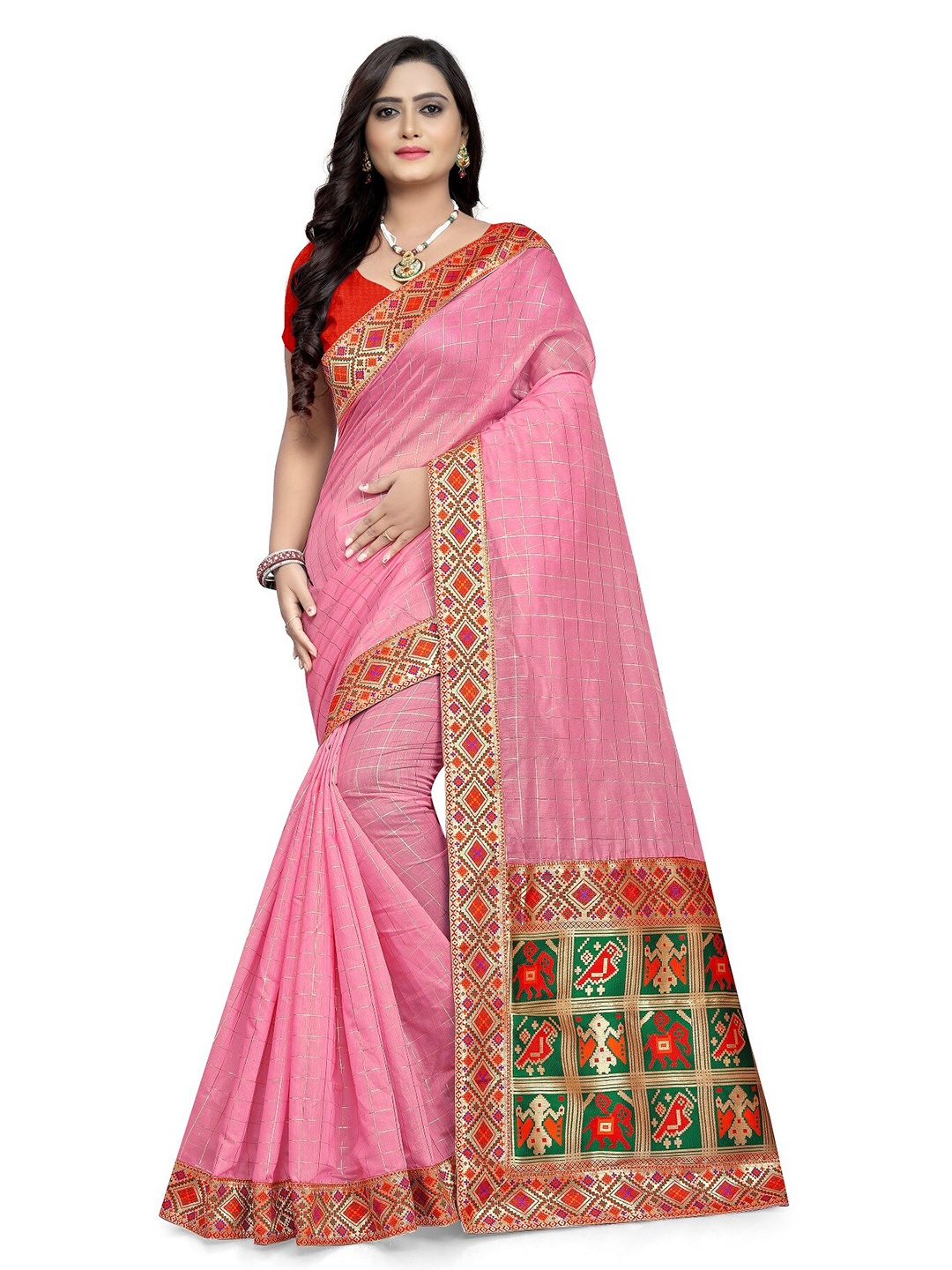 

KALINI Pink & Red Checked Silk Cotton Maheshwari Saree