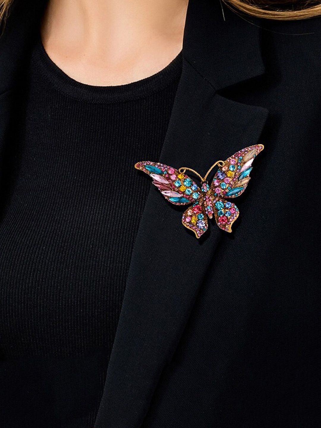 

Yellow Chimes Multicoloured Crystal Studded Butterfly Designed Brooch Pin, Multi