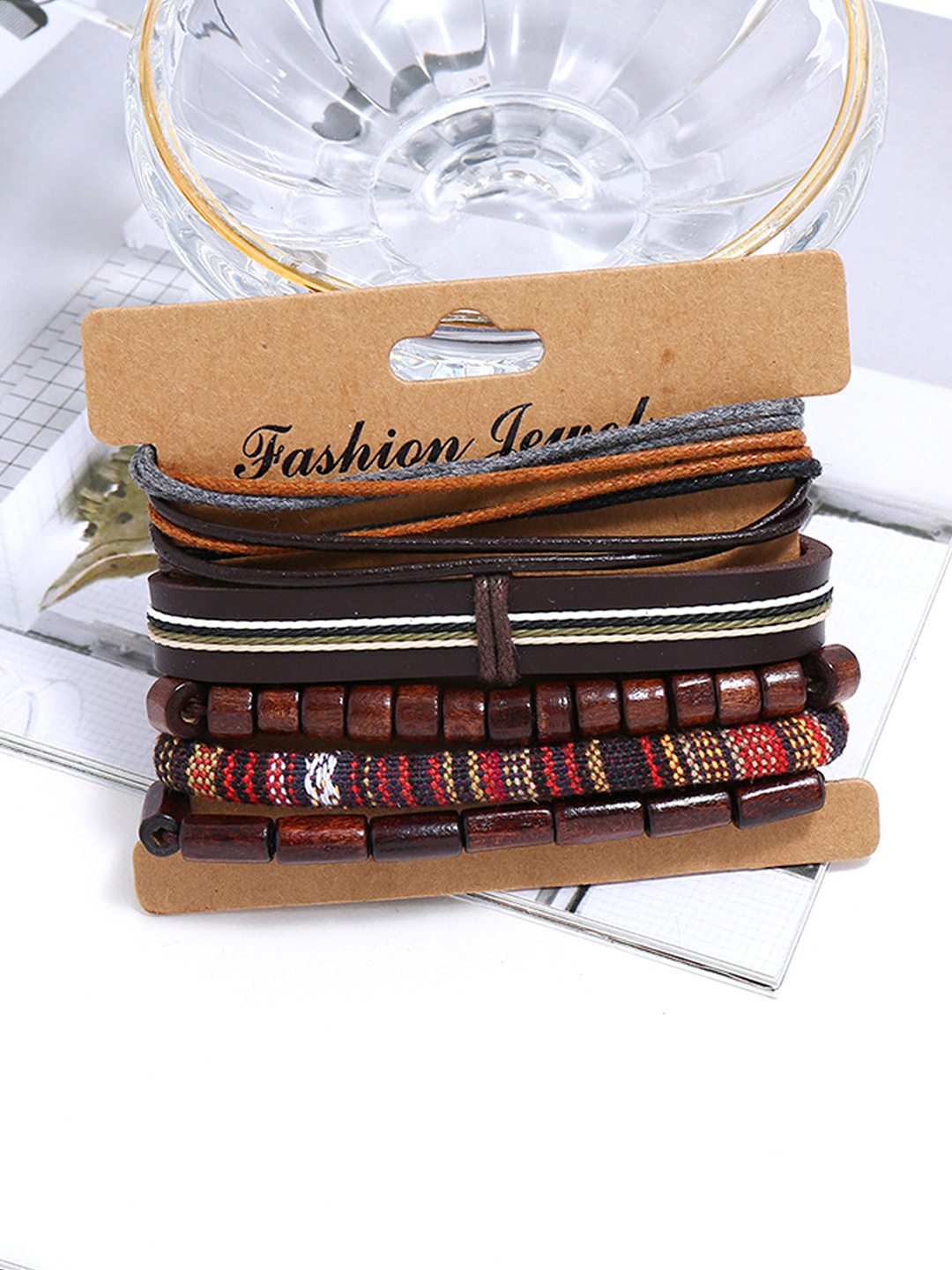 

Yellow Chimes Men Brown & Coffee Brown Beads Leather Ethnic Tribal Cuff Bracelet