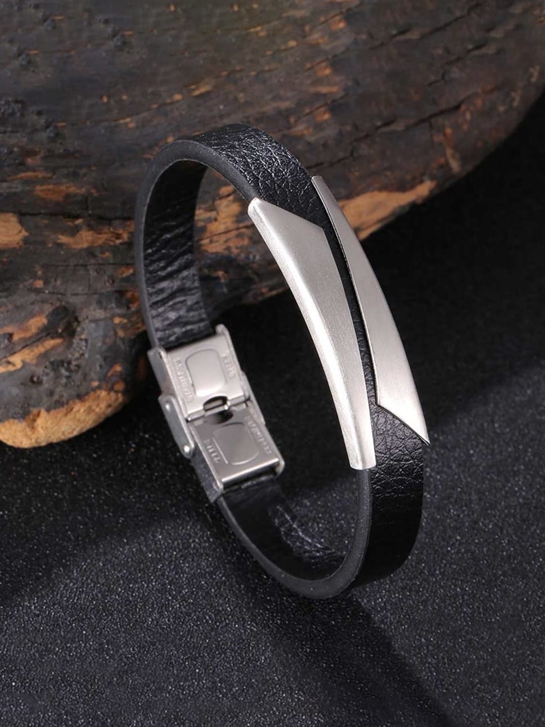 

Yellow Chimes Unisex Black PU Leather Designed Bracelet