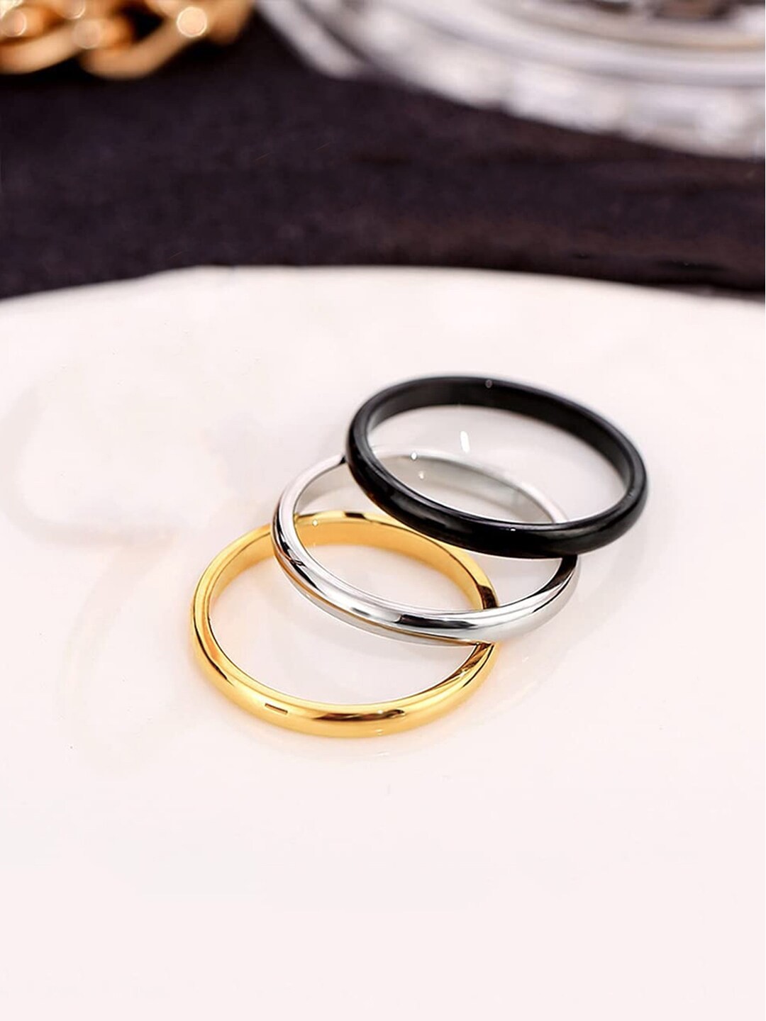 

Yellow Chimes Set of 3 Plain Gold Silver and Black Band Designed Ring