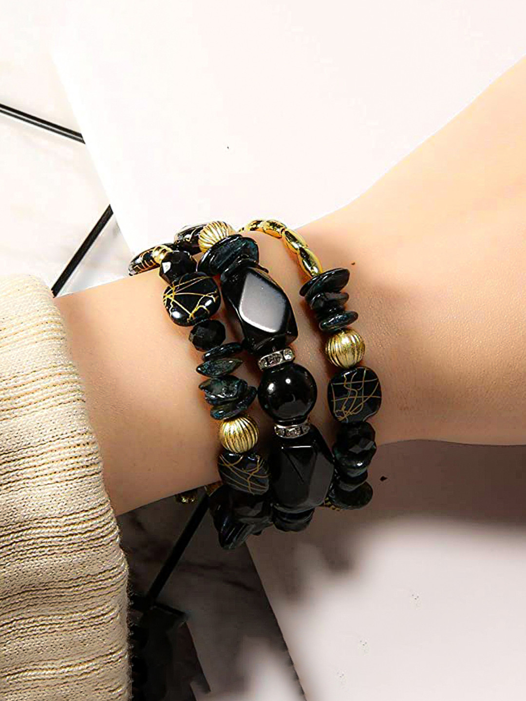

Yellow Chimes Women Black Bohemian Natural Stones Beades Multilayer Clip On Bracelet
