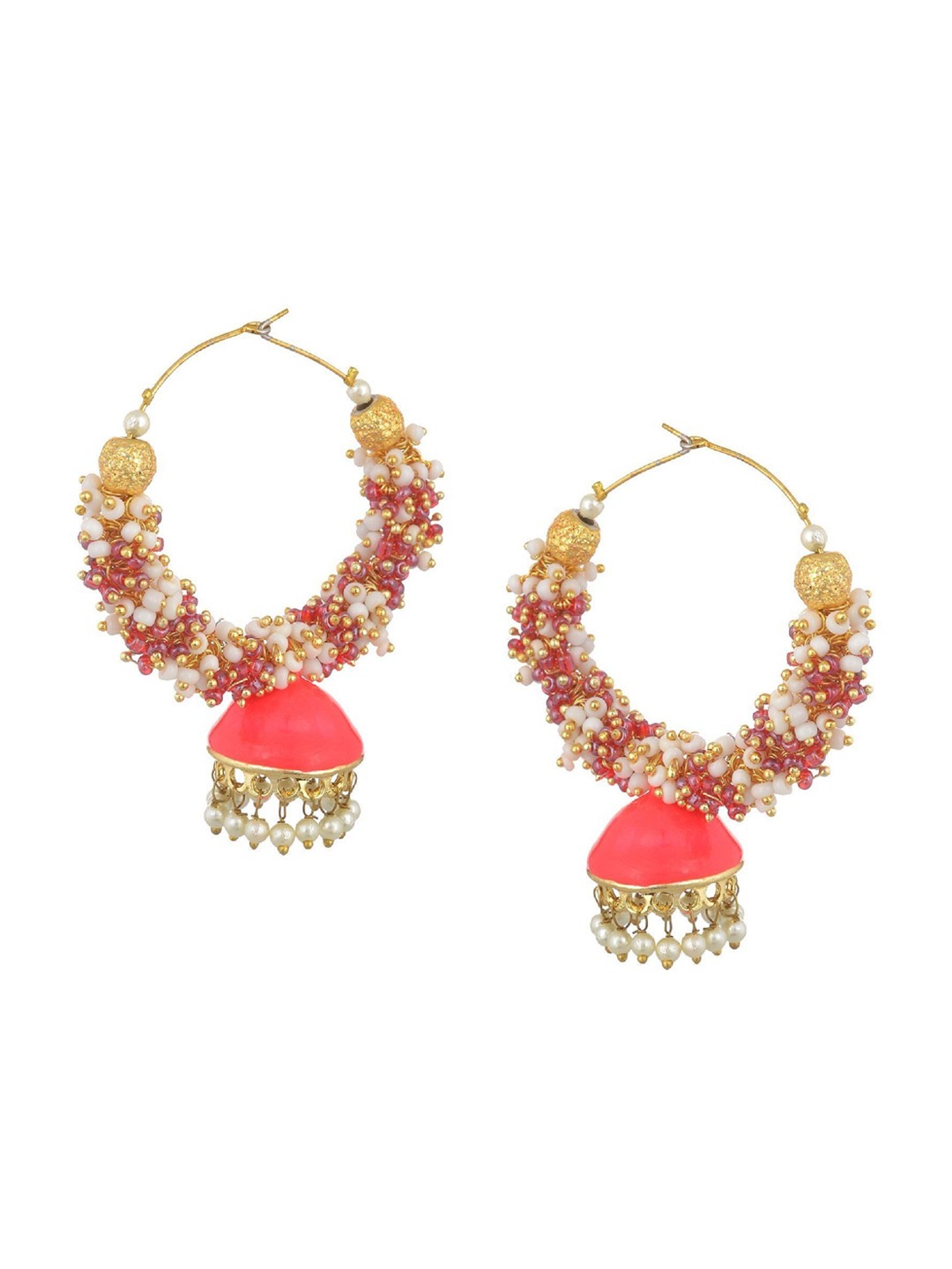 

Kshitij Jewels Pink & Gold-Toned Contemporary Hoop Jhumka Earrings