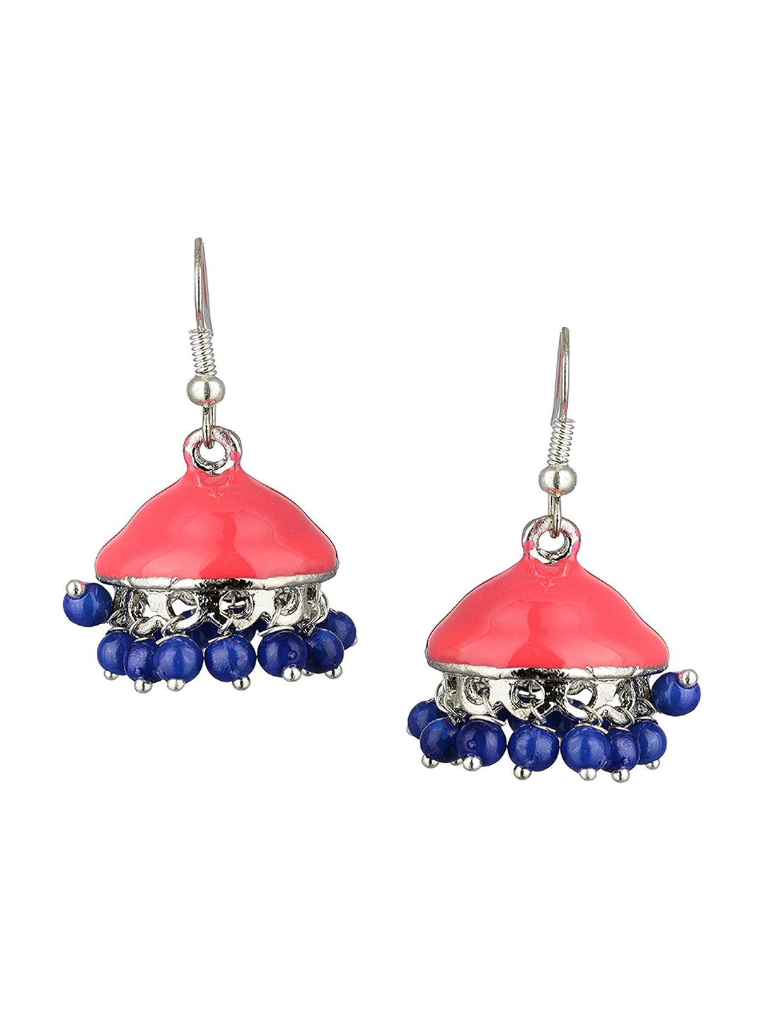 

Kshitij Jewels Peach-Coloured & Blue Contemporary Jhumkas Earrings