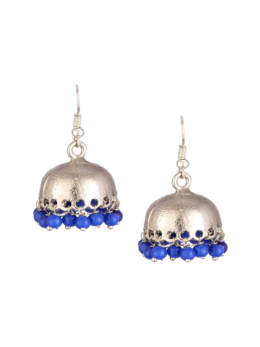 

Kshitij Jewels Women Blue & Silver-Toned Dome Shaped Jhumkas Earrings