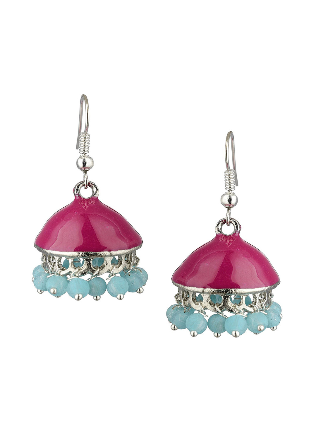 

Kshitij Jewels Silver-Plated Pink & Teal Contemporary Jhumkas Earrings