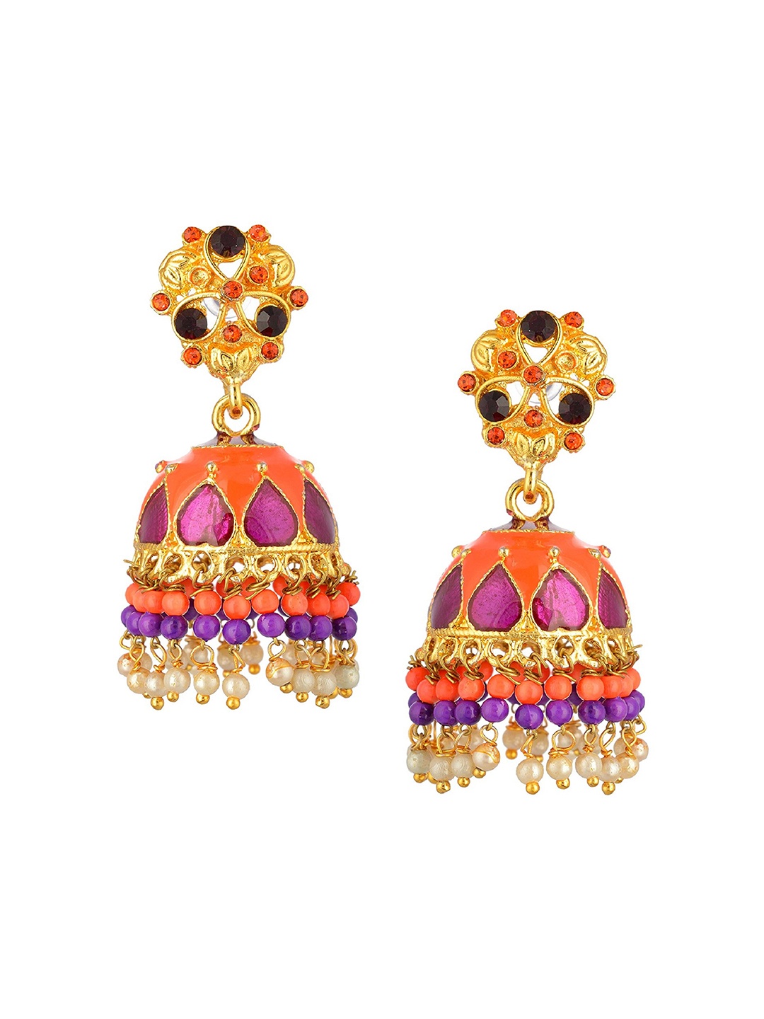 

Kshitij Jewels Gold-Toned & Orange Contemporary Jhumkas Earrings