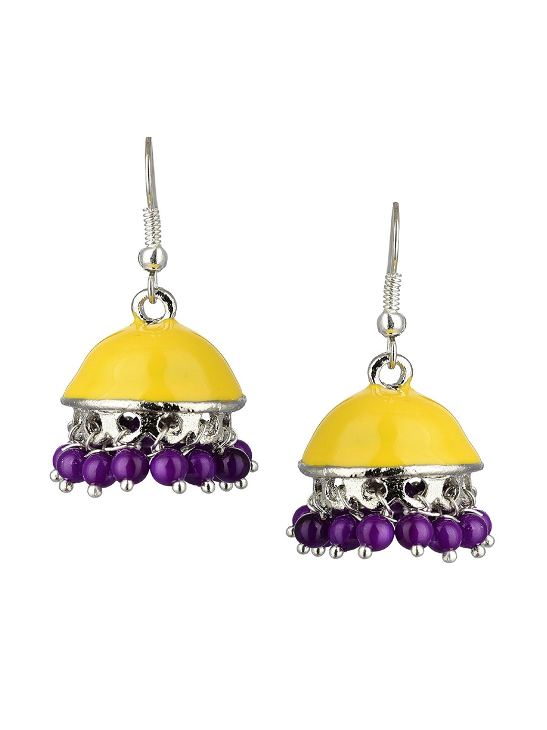 

Kshitij Jewels Silver-Toned Yellow & Purple Dome Shaped Jhumkas Earrings