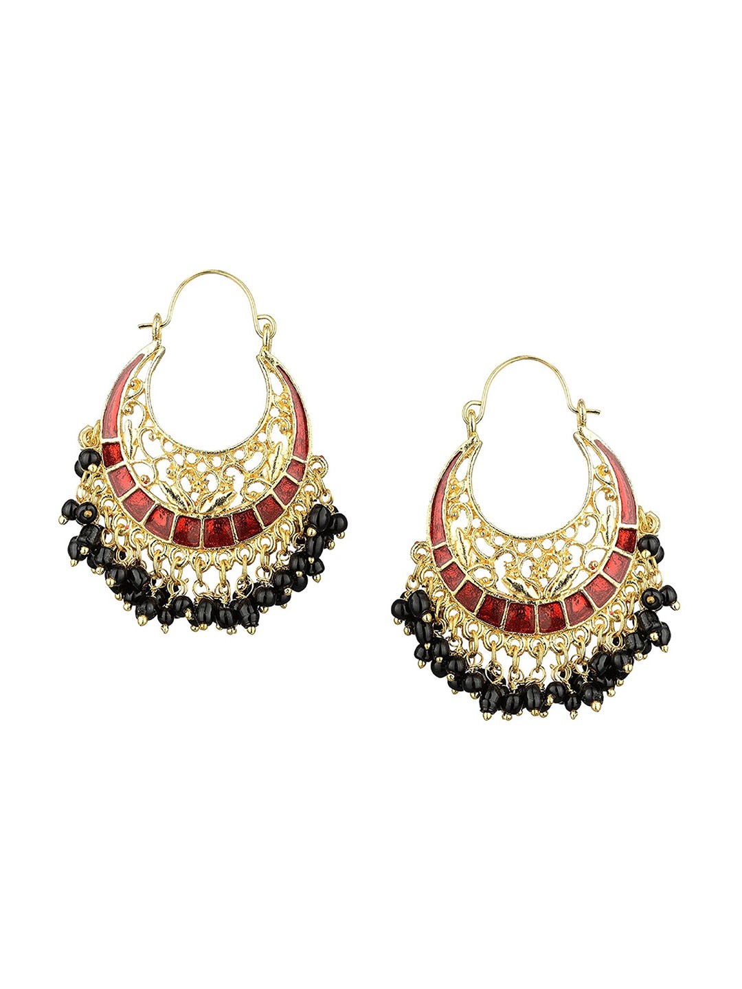 

Kshitij Jewels Red & Black Gold Plated Crescent Shaped Chandbalis Earrings
