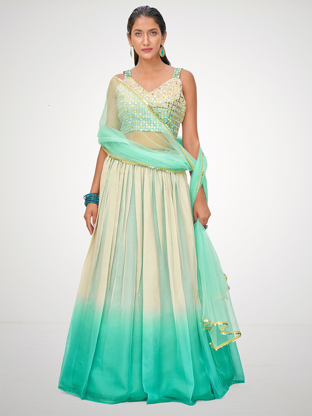 

SHOPGARB Blue & Cream-Coloured Embellished Semi-Stitched Lehenga & Unstitched Blouse With Dupatta