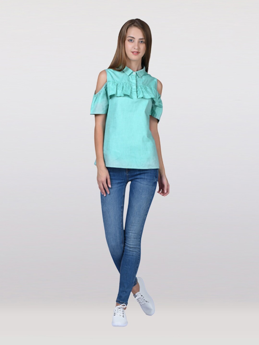 

The Label Bar Women Sea Green Ruffled Pure Cotton Top