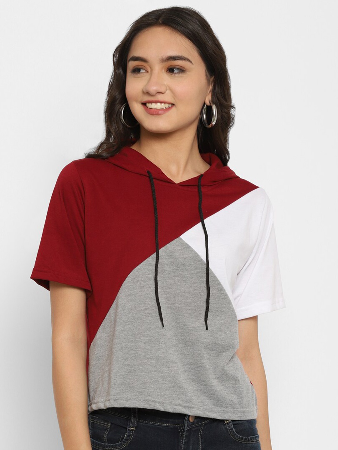 Popster Women Maroon Colourblocked Bio Finish T-shirt