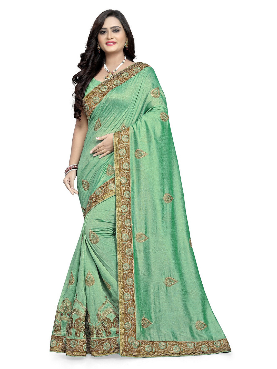 

KALINI Sea Green & Gold-Toned Floral Embroidered Silk Blend Maheshwari Saree