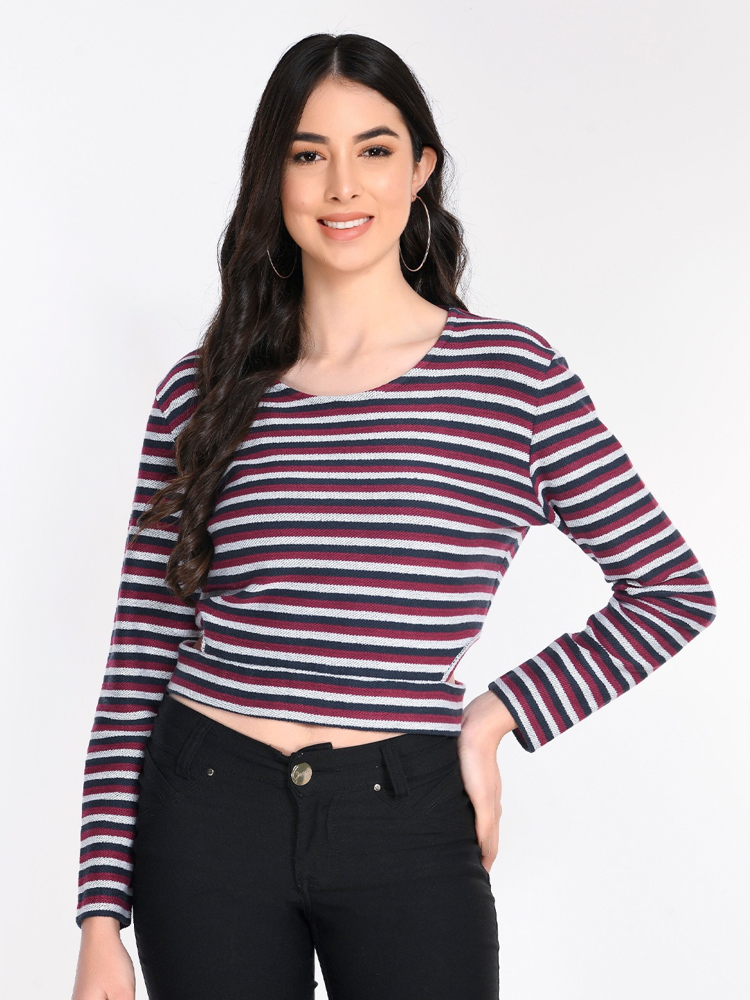 

DOLSU White & Navy Blue Striped Crop Top