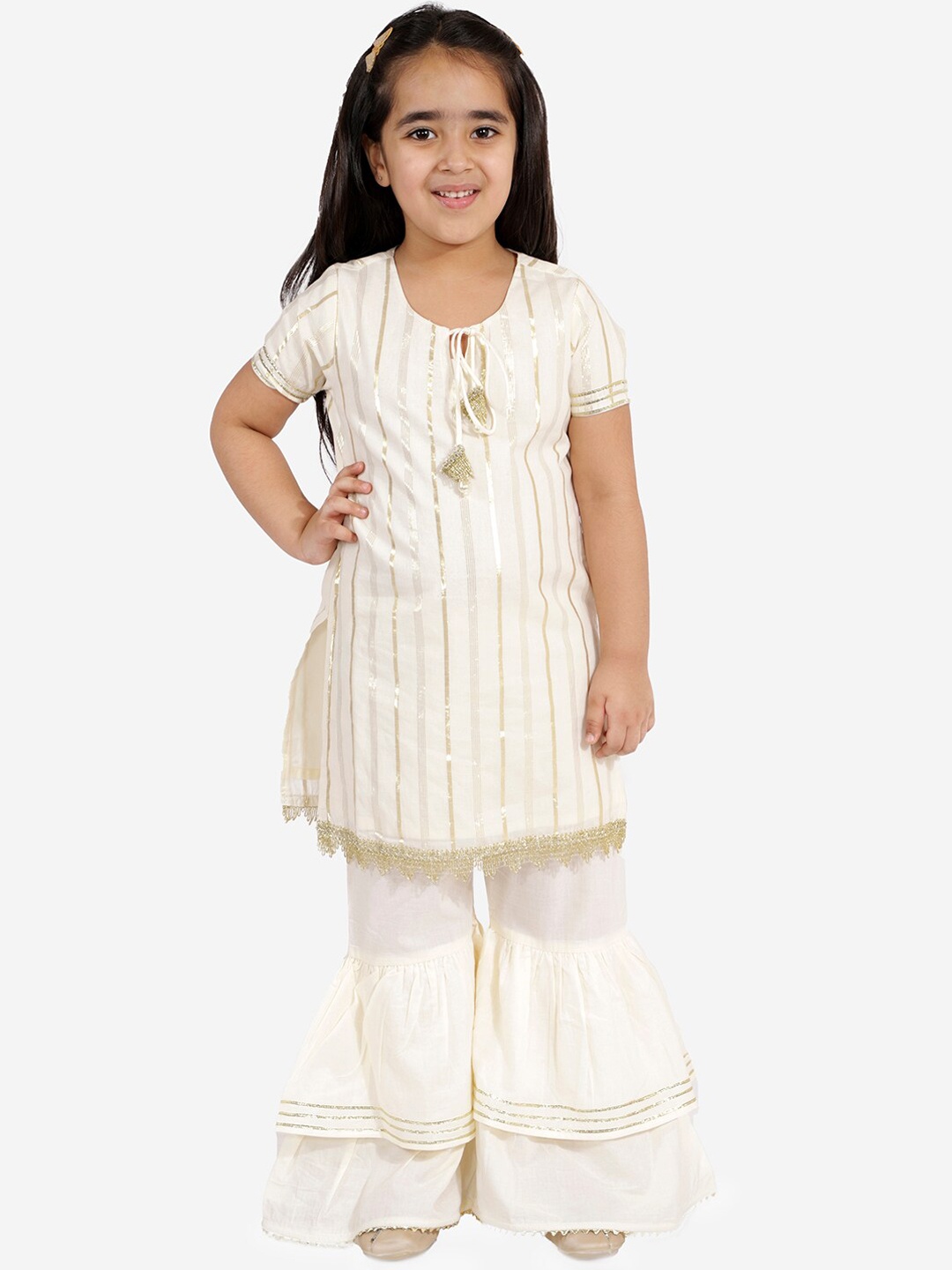 

LIL DRAMA Girls Off White Striped Gotta Patti Pure Cotton Kurta with Sharara