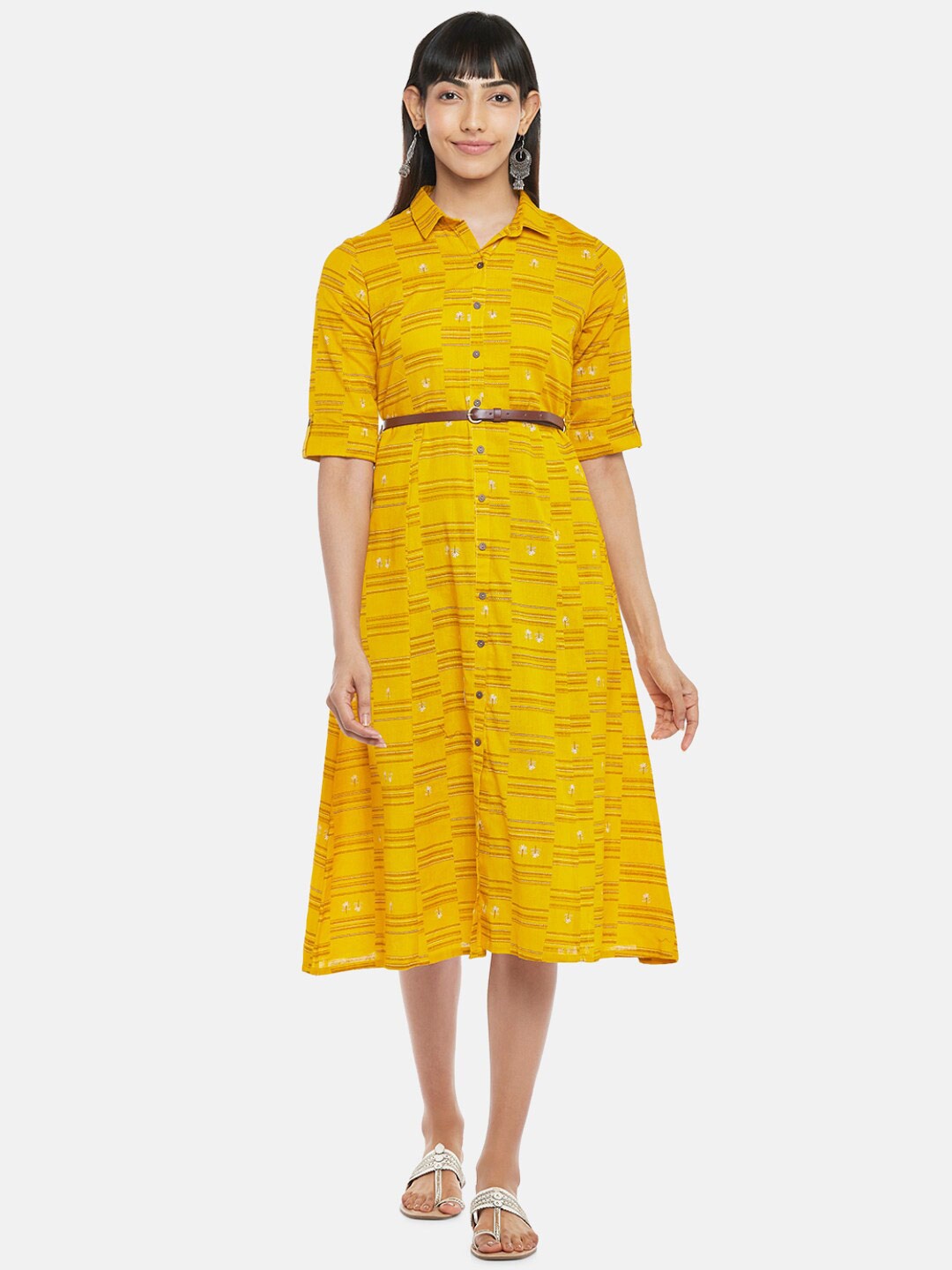 

AKKRITI BY PANTALOONS Mustard Yellow Floral Shirt Midi Dress