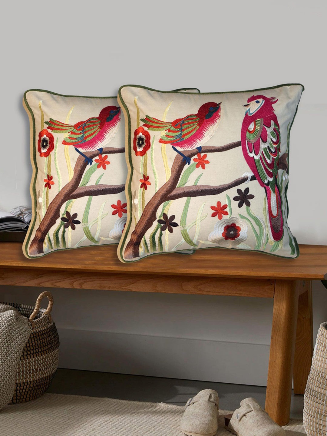 

SHADES of LIFE Pack of 2 Red & Cream-Coloured Embroidered Square Cushion Covers