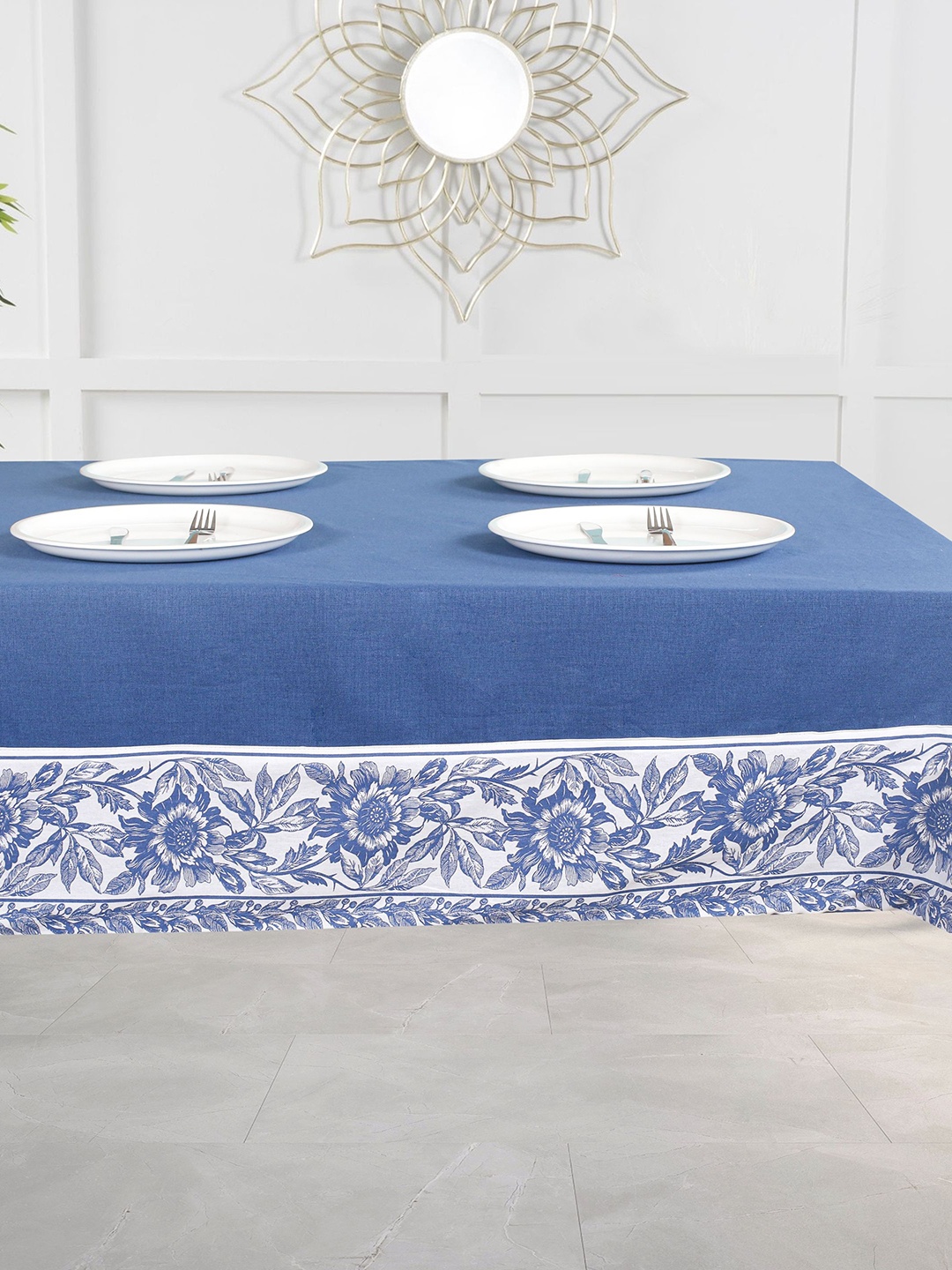 

SHADES of LIFE White & Blue Printed Rectangle Cotton Table Cover