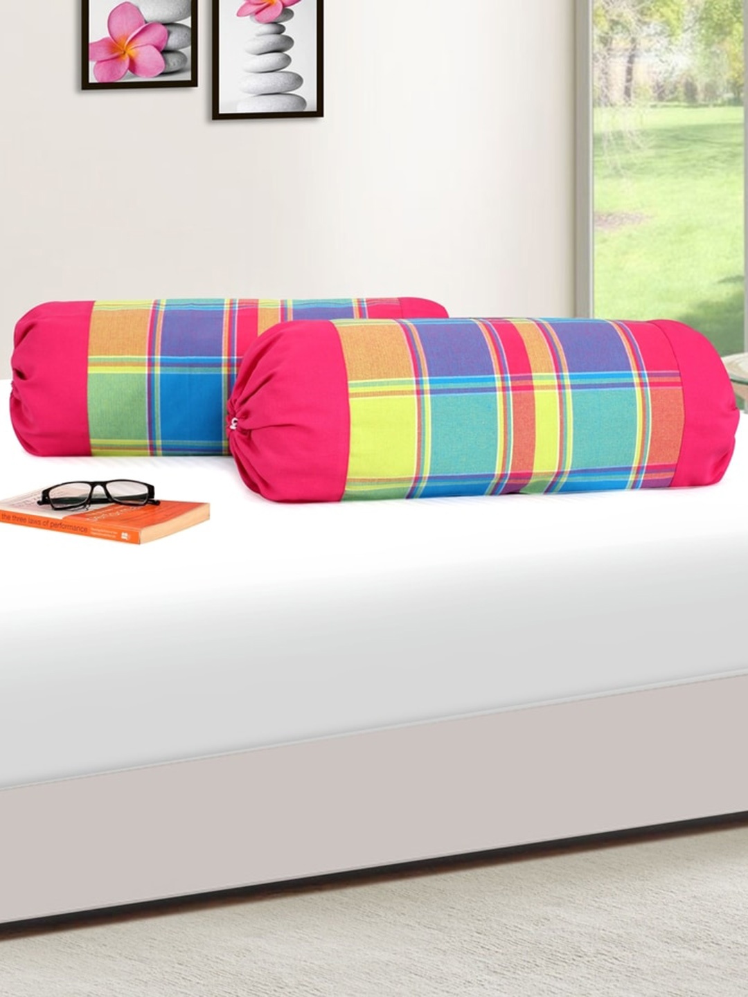 

SHADES of LIFE Set Of 2 Multicoloured Checked 220 TC Cotton Bolster Covers, Multi