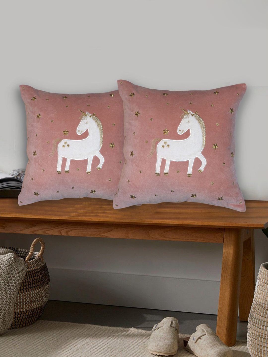 

SHADES of LIFE Peach-Coloured & White Set of 2 Embroidered Square Cushion Covers