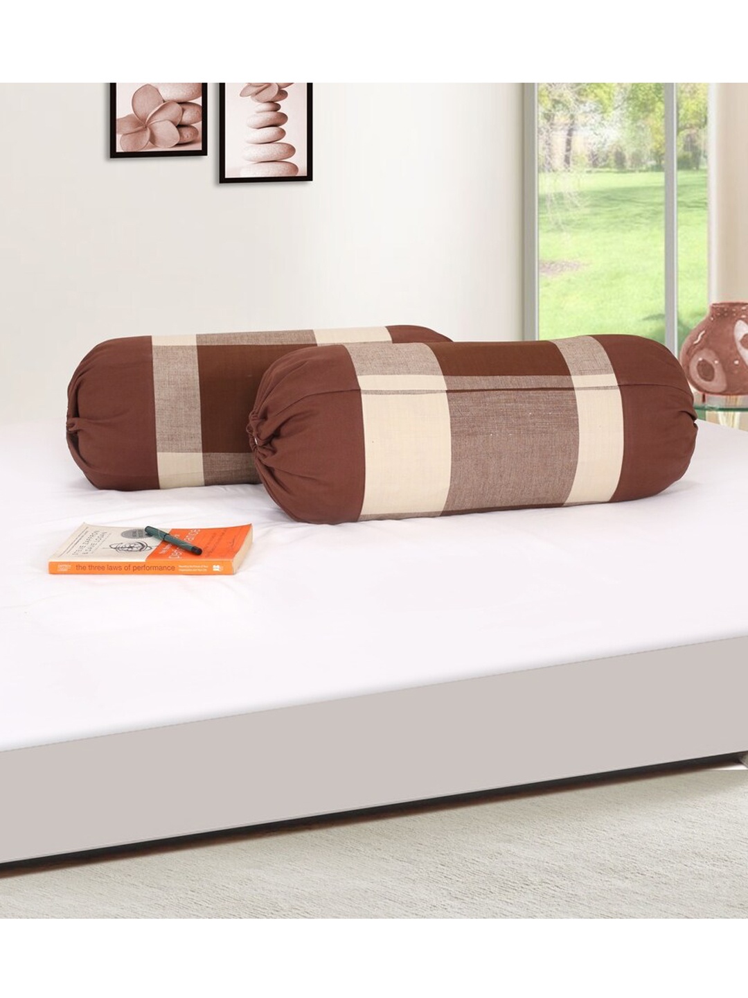 

SHADES of LIFE Brown & Beige Checked Cotton Bolster Covers