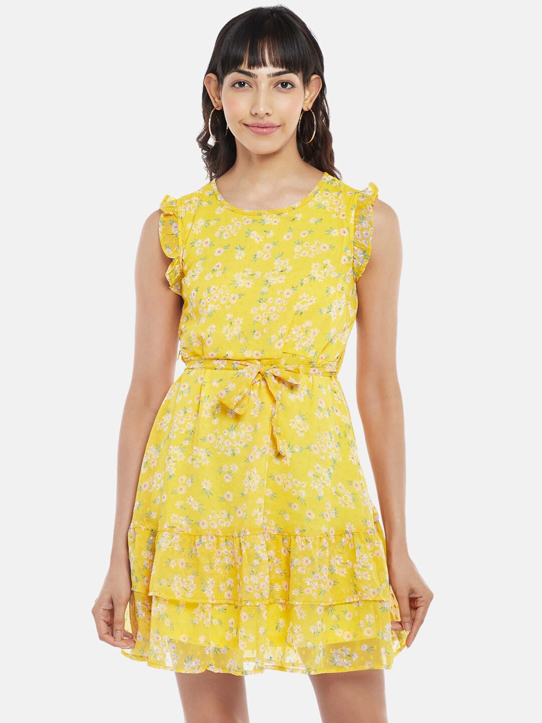 

People Yellow & White Floral Layered Drop-Waist Dress